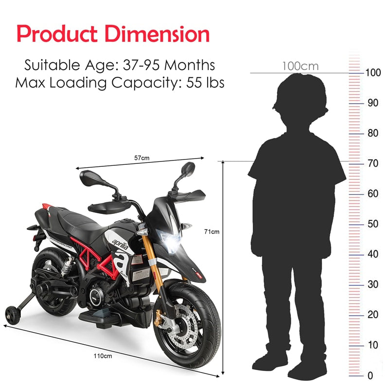 Kids Ride On Motorcycle 12V Aprilia Licensed Electric Dirt Bike with Training Wheels & Headlight