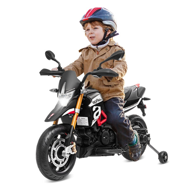 12V Kids Ride-On Motorcycle, Licensed Aprilia Electric Dirt Bike with Training Wheels, LED Lights & Music, Battery Powered Ride-On Toy for 3+