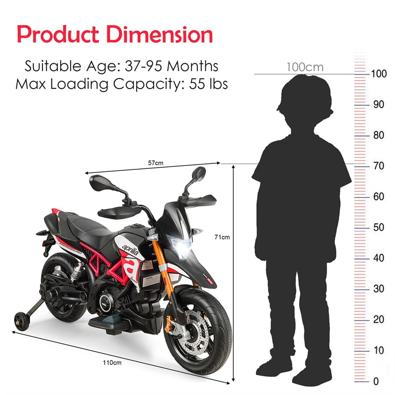 Kids Ride On Motorcycle 12V Aprilia Licensed Electric Dirt Bike with Training Wheels & Headlight