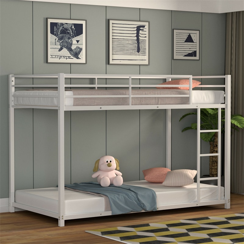 Twin Over Twin Metal Bunk Bed, Heavy Duty Space Saving Low Profile Bunk Bed Frame with Safety Guardrail & Ladder for Kids Adults Dorm Bedroom