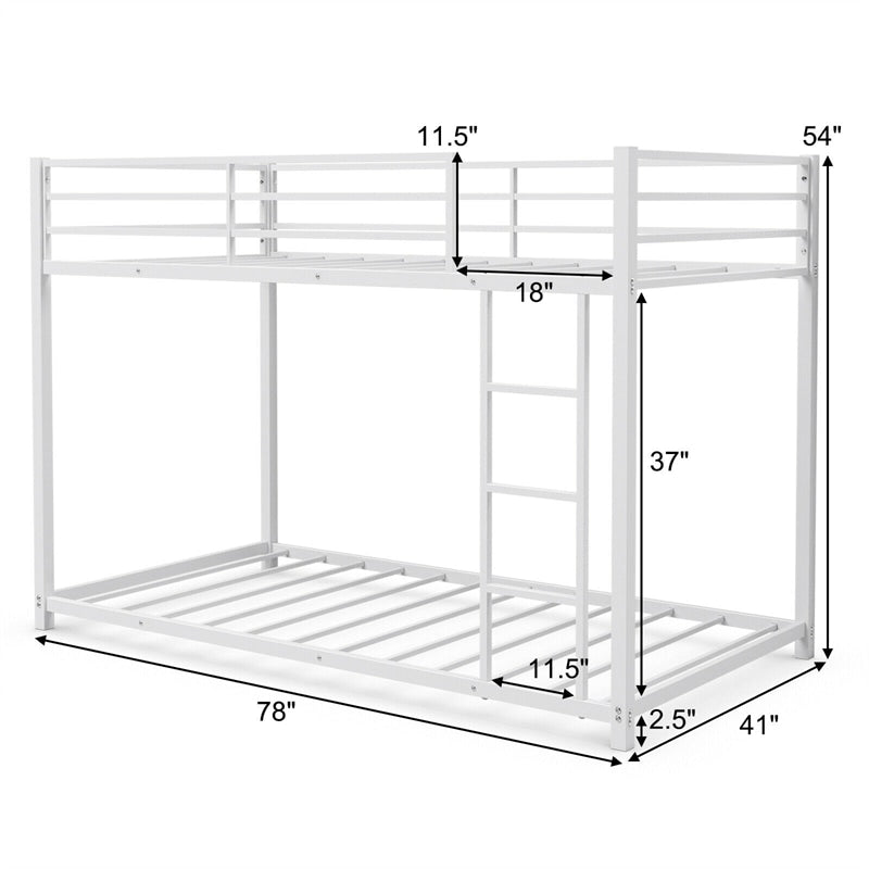 Twin Over Twin Metal Bunk Bed, Heavy Duty Space Saving Low Profile Bunk Bed Frame with Safety Guardrail & Ladder for Kids Adults Dorm Bedroom