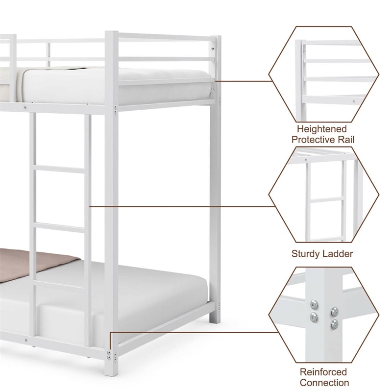 Twin Over Twin Metal Bunk Bed, Heavy Duty Space Saving Low Profile Bunk Bed Frame with Safety Guardrail & Ladder for Kids Adults Dorm Bedroom