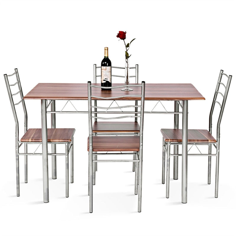 Modern 5 Piece Dining Table Set Metal Frame Wood Kitchen Breakfast Furniture with 4 Chairs