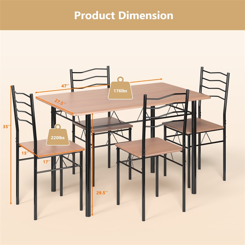 Modern 5 Piece Dining Table Set Metal Frame Wood Kitchen Breakfast Furniture with 4 Chairs