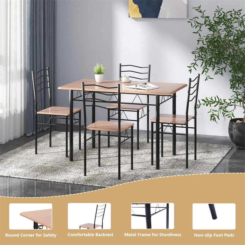 Modern 5 Piece Dining Table Set Metal Frame Wood Kitchen Breakfast Furniture with 4 Chairs