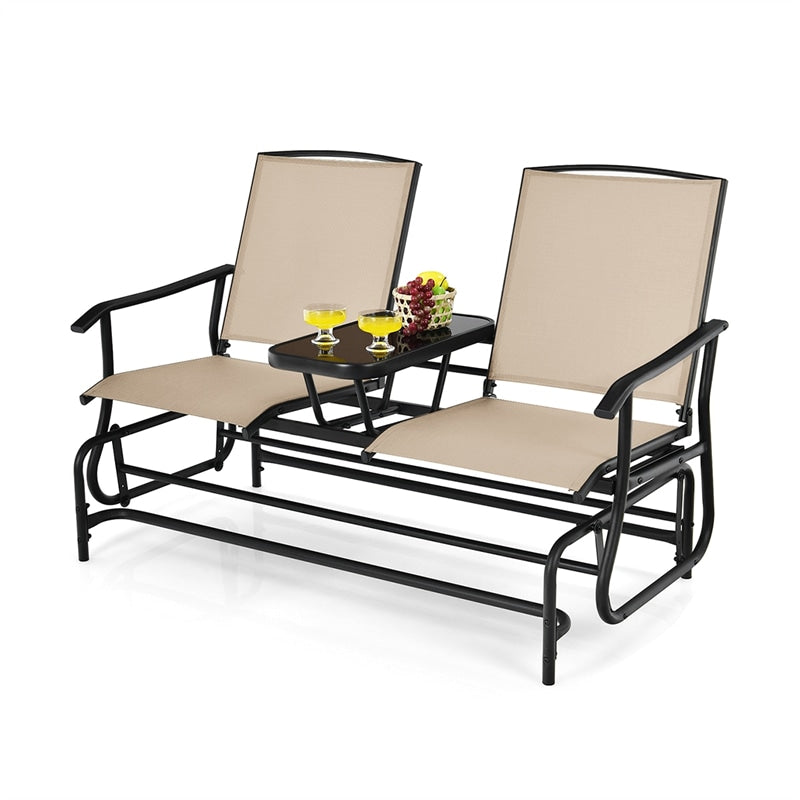 2-Person Outdoor Double Glider Chair Patio Rocking Loveseat with Center Tempered Glass Table, Steel Frame & Breathable Mesh Fabric for Porch