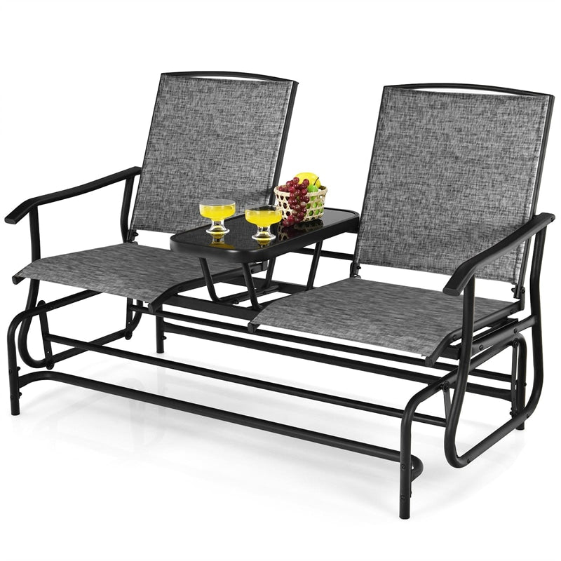 2-Person Outdoor Double Glider Chair Patio Rocking Loveseat with Center Tempered Glass Table, Steel Frame & Breathable Mesh Fabric for Porch