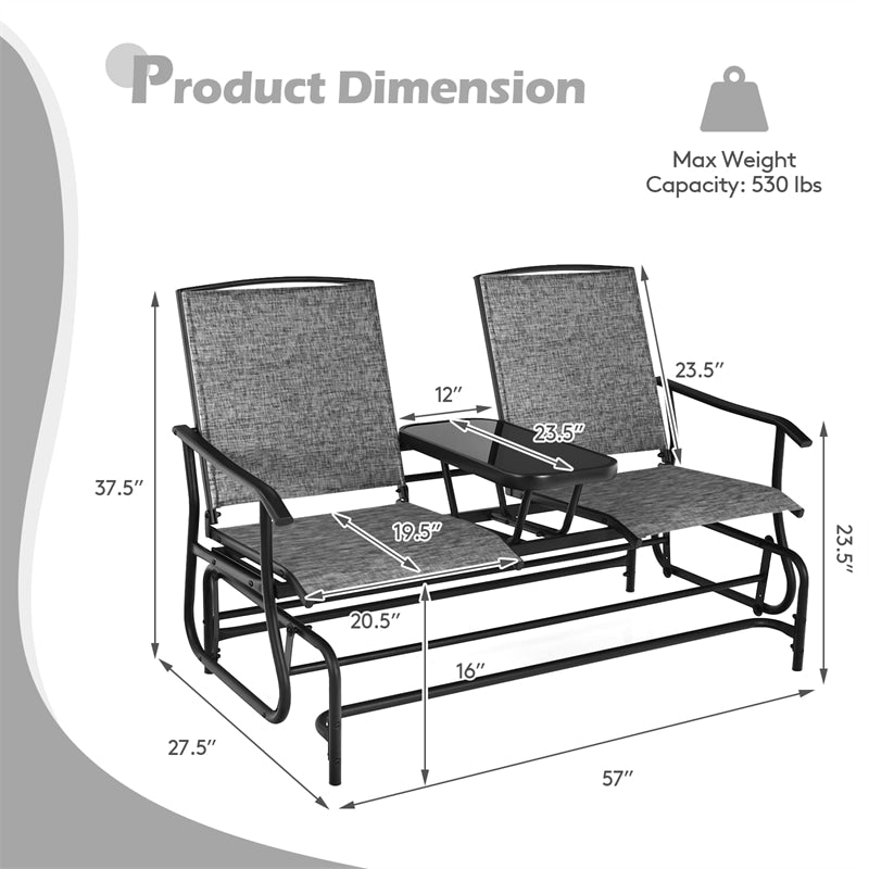 2-Person Outdoor Double Glider Chair Patio Rocking Loveseat with Center Tempered Glass Table, Steel Frame & Breathable Mesh Fabric for Porch