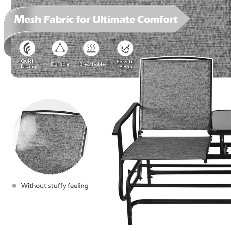 2-Person Outdoor Double Glider Chair Patio Rocking Loveseat with Center Tempered Glass Table, Steel Frame & Breathable Mesh Fabric for Porch