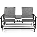 2-Person Outdoor Double Glider Chair Patio Rocking Loveseat with Center Tempered Glass Table, Steel Frame & Breathable Mesh Fabric for Porch