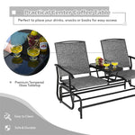 2-Person Outdoor Double Glider Chair Patio Rocking Loveseat with Center Tempered Glass Table, Steel Frame & Breathable Mesh Fabric for Porch