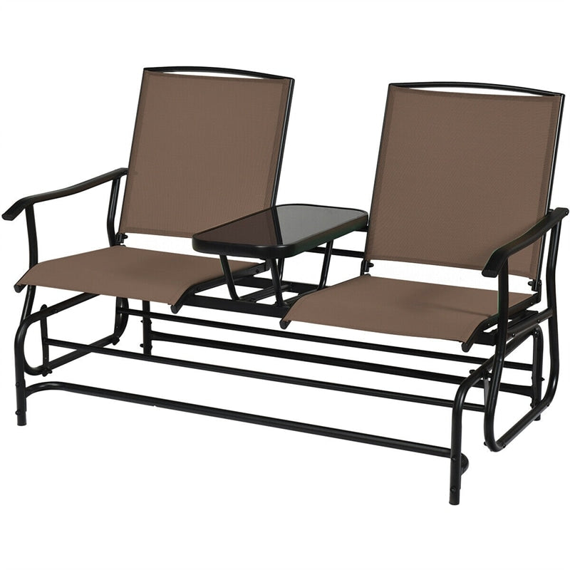 2-Person Outdoor Double Glider Chair Patio Rocking Loveseat with Center Tempered Glass Table, Steel Frame & Breathable Mesh Fabric for Porch