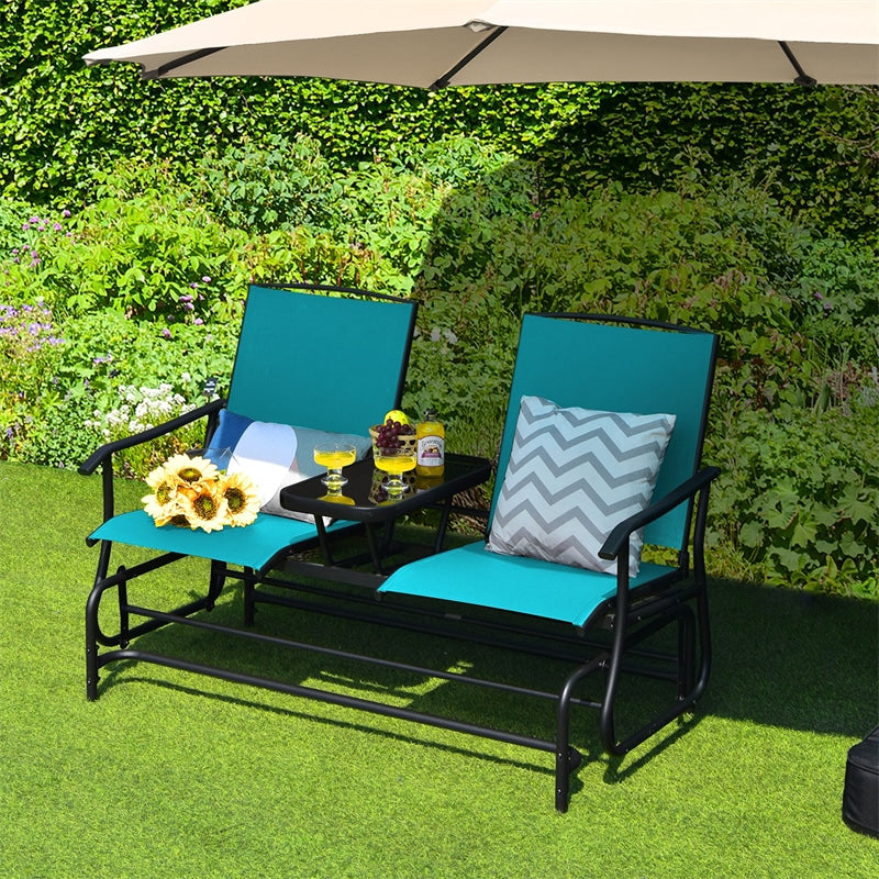 2-Person Outdoor Double Glider Chair Patio Rocking Loveseat with Center Tempered Glass Table, Steel Frame & Breathable Mesh Fabric for Porch