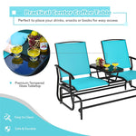 2-Person Outdoor Double Glider Chair Patio Rocking Loveseat with Center Tempered Glass Table, Steel Frame & Breathable Mesh Fabric for Porch