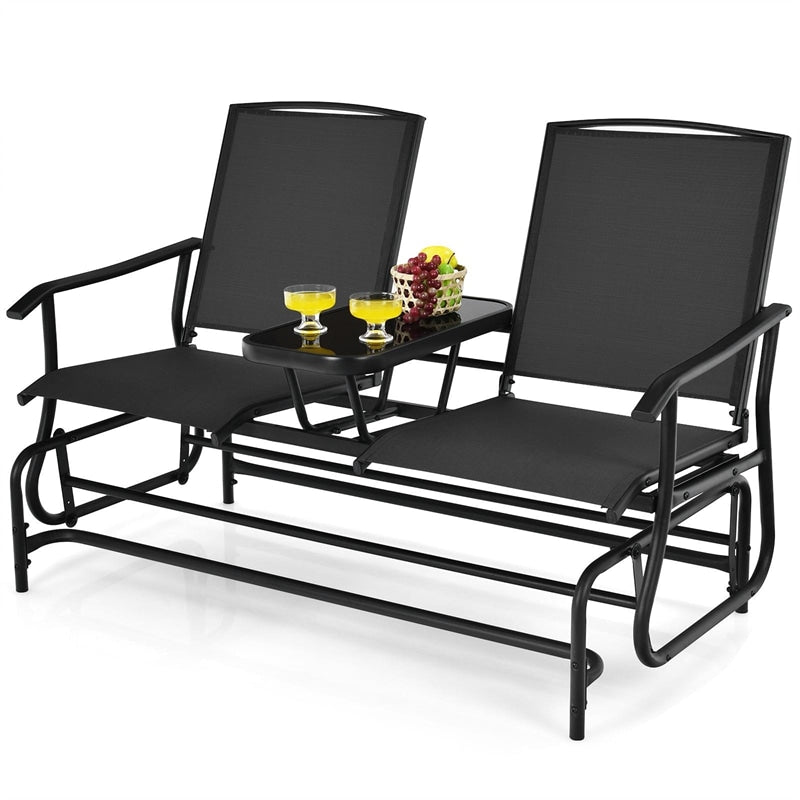 2-Person Outdoor Double Glider Chair Patio Rocking Loveseat with Center Tempered Glass Table, Steel Frame & Breathable Mesh Fabric for Porch