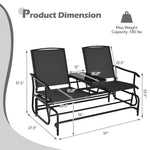 2-Person Outdoor Double Glider Chair Patio Rocking Loveseat with Center Tempered Glass Table, Steel Frame & Breathable Mesh Fabric for Porch