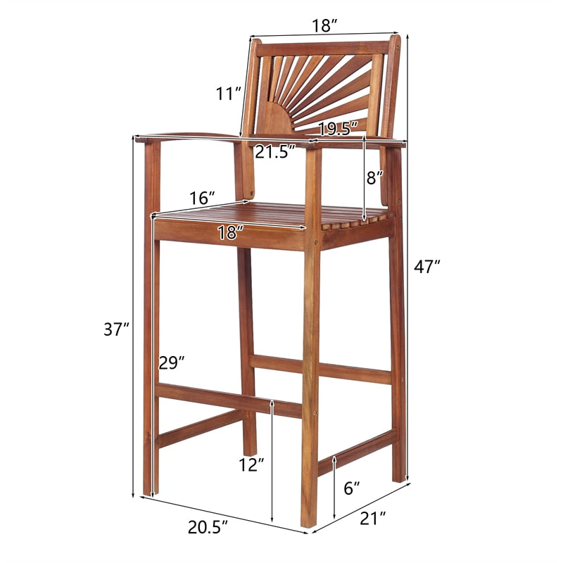 Outdoor Acacia Wood Bar Stools Set of 2, Bar Height Patio Chairs with Sunflower Backrest & Curved Armrests for Balcony Sunroom, Easy Assembly