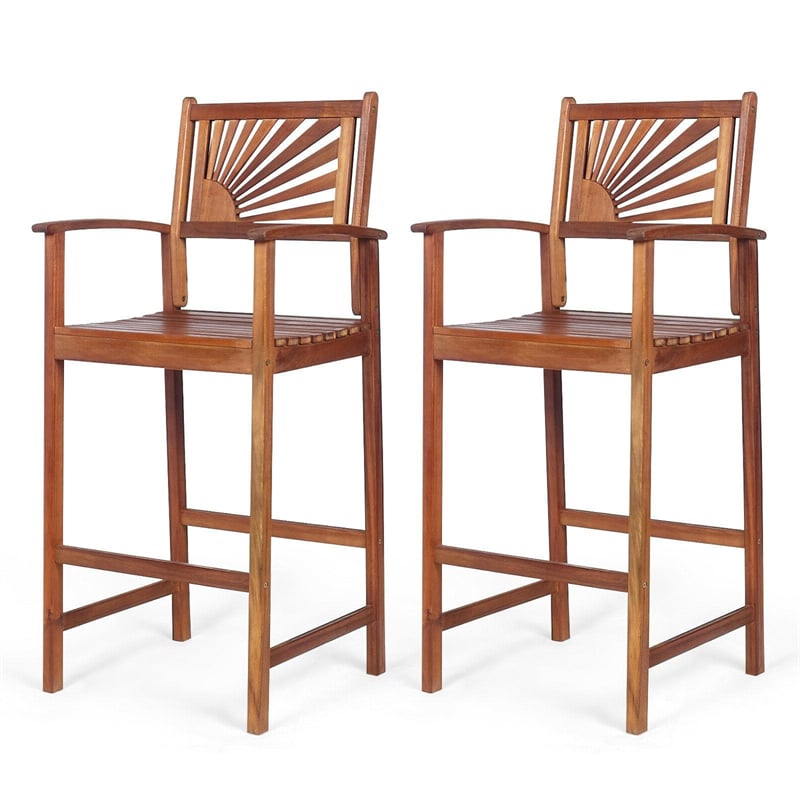 Outdoor Acacia Wood Bar Stools Set of 2, Bar Height Patio Chairs with Sunflower Backrest & Curved Armrests for Balcony Sunroom, Easy Assembly