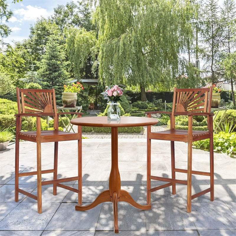 Outdoor Acacia Wood Bar Stools Set of 2, Bar Height Patio Chairs with Sunflower Backrest & Curved Armrests for Balcony Sunroom, Easy Assembly