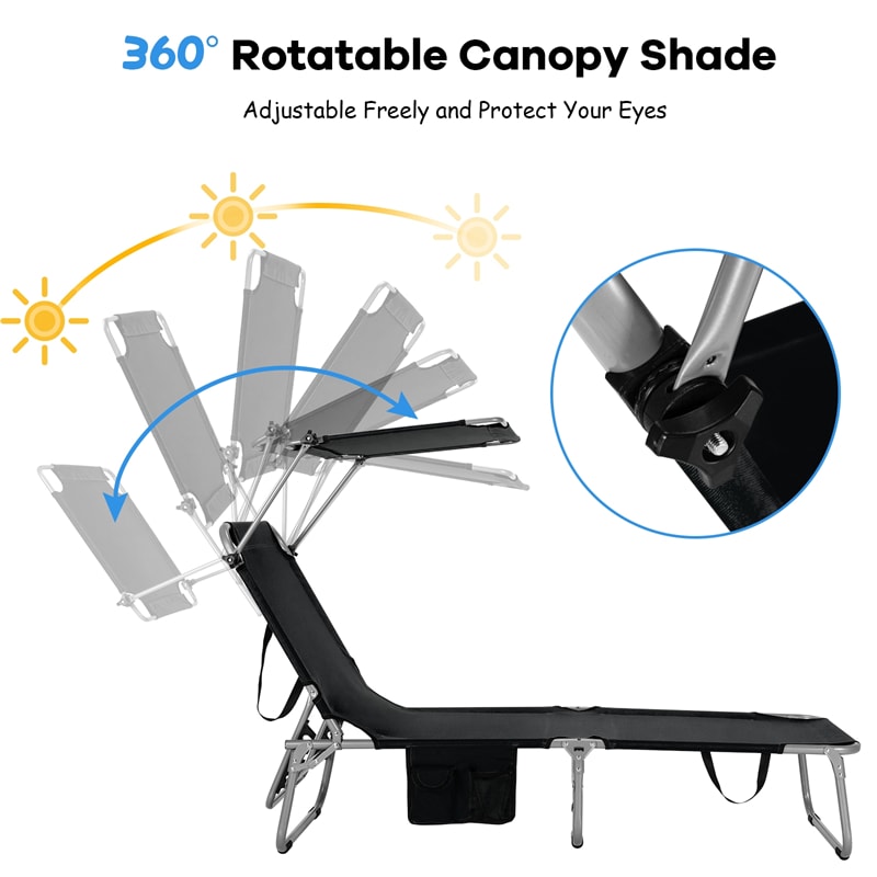 Outdoor Folding Chaise Lounge Portable Tanning Chair Sunbathing Beach Chair with Canopy Shade & Adjustable Backrest