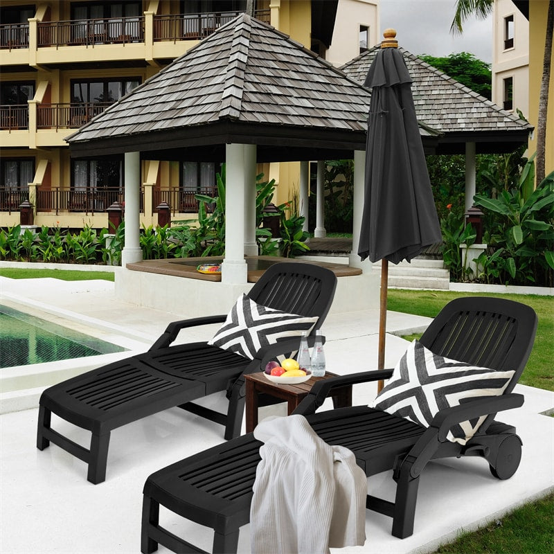 Folding Outdoor Chaise Lounge, Weatherproof Plastic Lounge Chair with 6-Position Adjustable Backrest & Wheels for Poolside, Patio, Beach