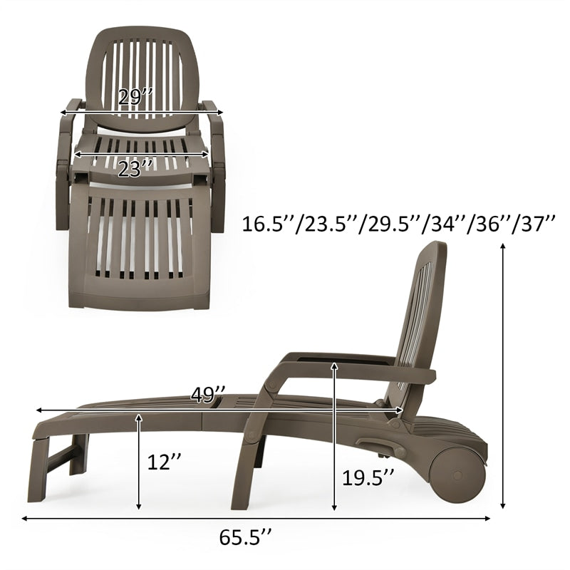 Folding Outdoor Chaise Lounge, Weatherproof Plastic Lounge Chair with 6-Position Adjustable Backrest & Wheels for Poolside, Patio, Beach