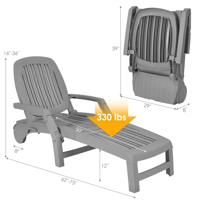 Folding Outdoor Chaise Lounge, Weatherproof Plastic Lounge Chair with 6-Position Adjustable Backrest & Wheels for Poolside, Patio, Beach