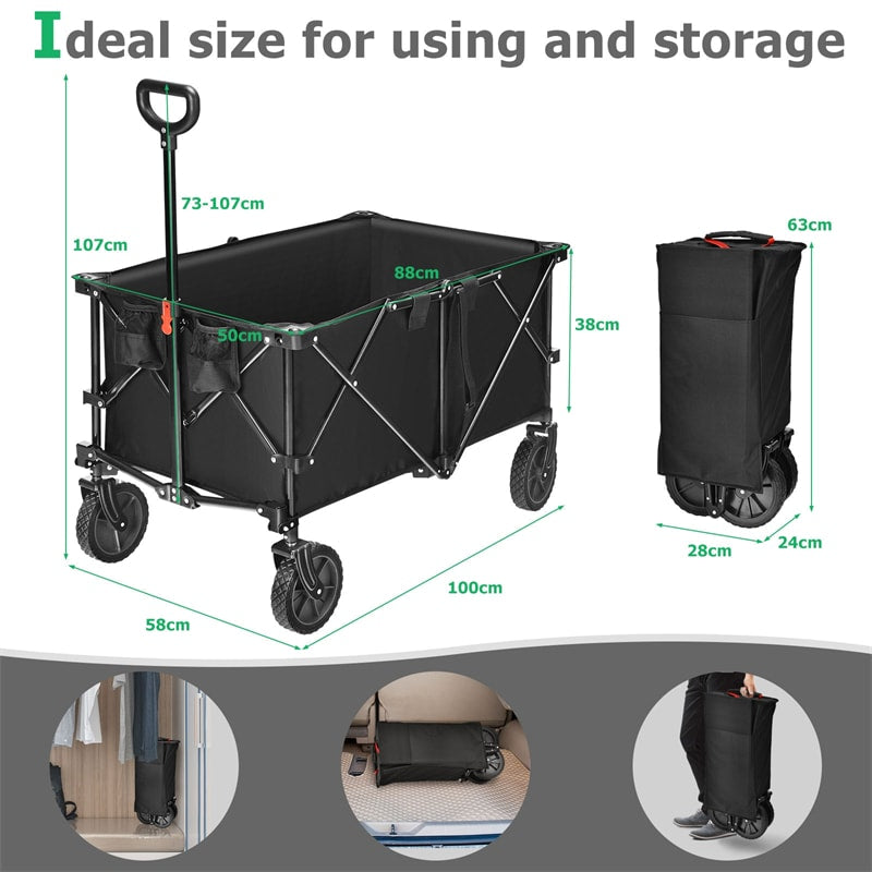 Collapsible Wagon Cart, Folding Utility Wagon with Universal Wheels, Adjustable Handle & Cover Bag for Garden, Shopping, Camping, Outdoor Use