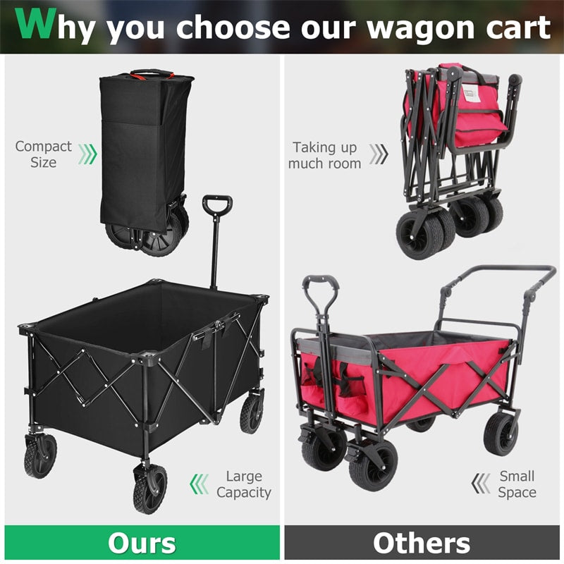 Collapsible Wagon Cart, Folding Utility Wagon with Universal Wheels, Adjustable Handle & Cover Bag for Garden, Shopping, Camping, Outdoor Use