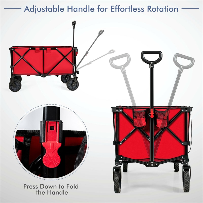 Collapsible Wagon Cart, Folding Utility Wagon with Universal Wheels, Adjustable Handle & Cover Bag for Garden, Shopping, Camping, Outdoor Use