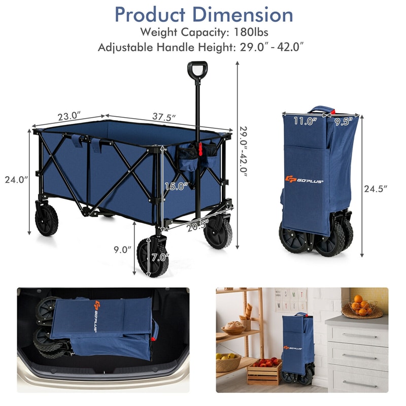 Collapsible Wagon Cart, Folding Utility Wagon with Universal Wheels, Adjustable Handle & Cover Bag for Garden, Shopping, Camping, Outdoor Use