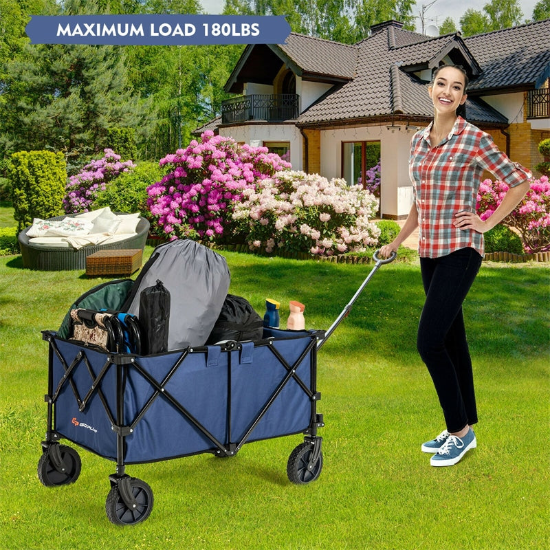 Collapsible Wagon Cart, Folding Utility Wagon with Universal Wheels, Adjustable Handle & Cover Bag for Garden, Shopping, Camping, Outdoor Use