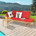 Outdoor Acacia Wood Convertible Sofa Daybed with Adjustable Armrests, Cushions & Pillows, Folding Patio Couch Sofa Bed for Porch Poolside