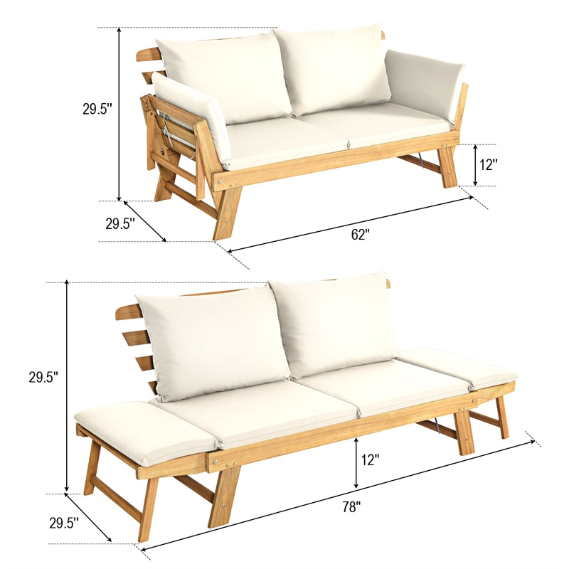 Outdoor Acacia Wood Convertible Sofa Daybed with Adjustable Armrests, Cushions & Pillows, Folding Patio Couch Sofa Bed for Porch Poolside