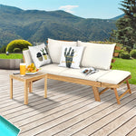 Outdoor Acacia Wood Convertible Sofa Daybed with Adjustable Armrests, Cushions & Pillows, Folding Patio Couch Sofa Bed for Porch Poolside