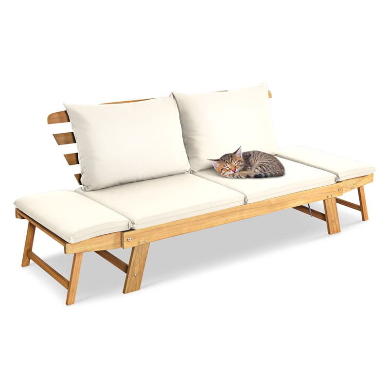 Outdoor Acacia Wood Daybed Convertible Sofa Bed Extendable Patio Couch with Adjustable Armrest & Cushion