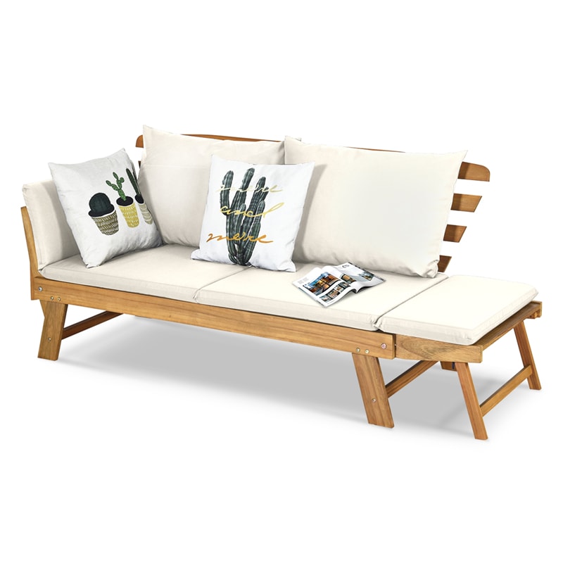 Outdoor Acacia Wood Daybed Convertible Sofa Bed Extendable Patio Couch with Adjustable Armrest & Cushion