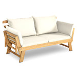 Outdoor Acacia Wood Daybed Convertible Sofa Bed Extendable Patio Couch with Adjustable Armrest & Cushion