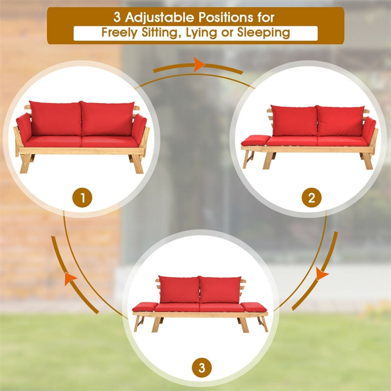 Outdoor Acacia Wood Convertible Sofa Daybed with Adjustable Armrests, Cushions & Pillows, Folding Patio Couch Sofa Bed for Porch Poolside