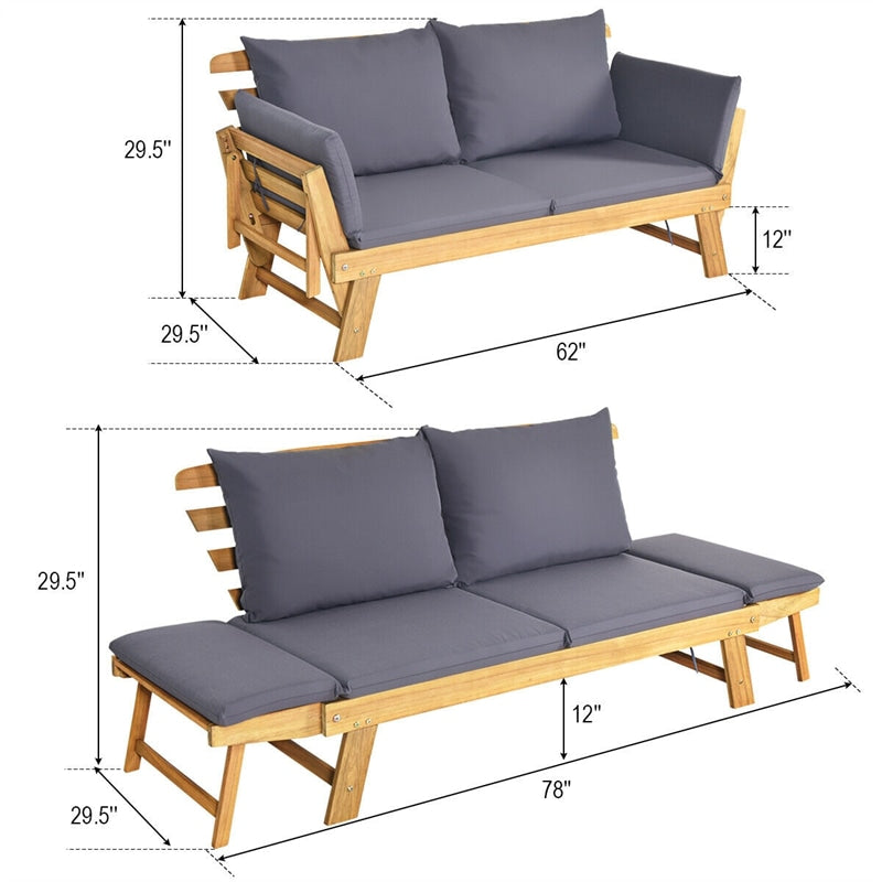 Outdoor Acacia Wood Daybed Convertible Sofa Bed Extendable Patio Couch with Adjustable Armrest & Cushion