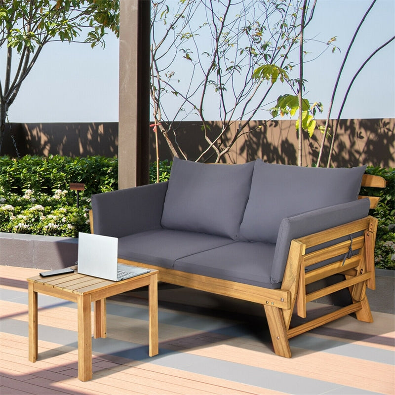 Outdoor Acacia Wood Daybed Convertible Sofa Bed Extendable Patio Couch with Adjustable Armrest & Cushion