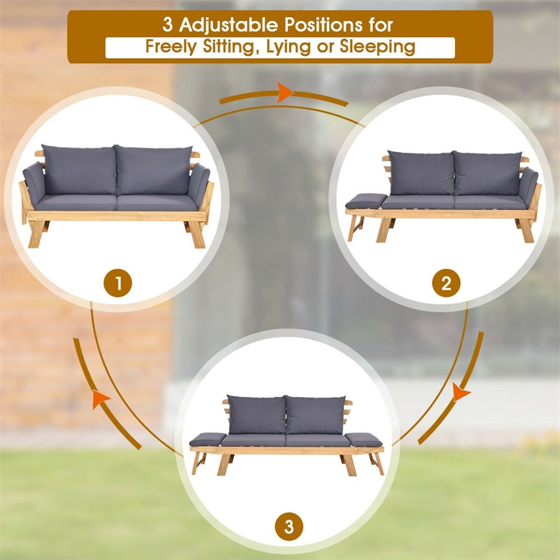 Outdoor Acacia Wood Convertible Sofa Daybed with Adjustable Armrests, Cushions & Pillows, Folding Patio Couch Sofa Bed for Porch Poolside