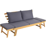 Outdoor Acacia Wood Convertible Sofa Daybed with Adjustable Armrests, Cushions & Pillows, Folding Patio Couch Sofa Bed for Porch Poolside