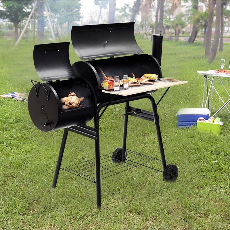 Outdoor Charcoal Grill, Portable Backyard BBQ Grill Offset Smoker with Wheels, Adjustable Damper & Thermometer, Side Shelf for Family Gatherings