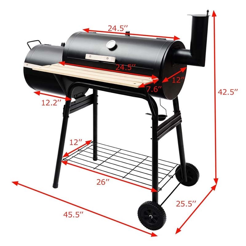 Outdoor Charcoal Grill, Portable Backyard BBQ Grill Offset Smoker with Wheels, Adjustable Damper & Thermometer, Side Shelf for Family Gatherings