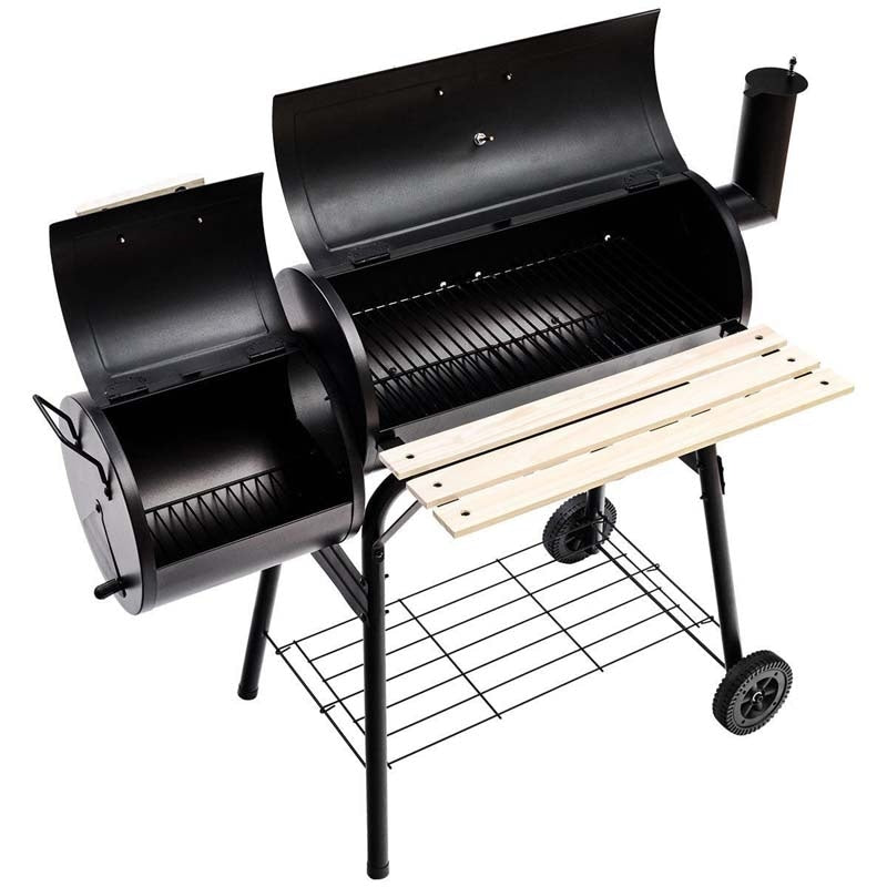 Outdoor Charcoal Grill, Portable Backyard BBQ Grill Offset Smoker with Wheels, Adjustable Damper & Thermometer, Side Shelf for Family Gatherings