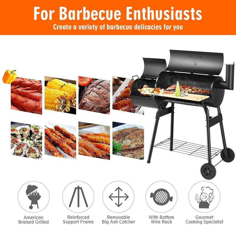 Outdoor Charcoal Grill, Portable Backyard BBQ Grill Offset Smoker with Wheels, Adjustable Damper & Thermometer, Side Shelf for Family Gatherings