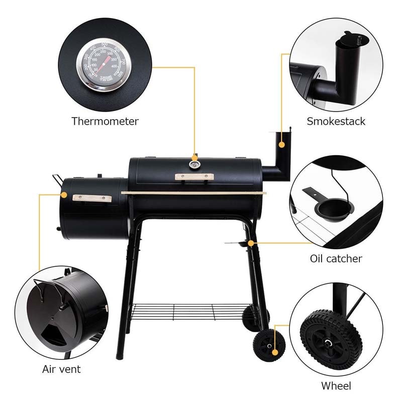 Outdoor Charcoal Grill, Portable Backyard BBQ Grill Offset Smoker with Wheels, Adjustable Damper & Thermometer, Side Shelf for Family Gatherings