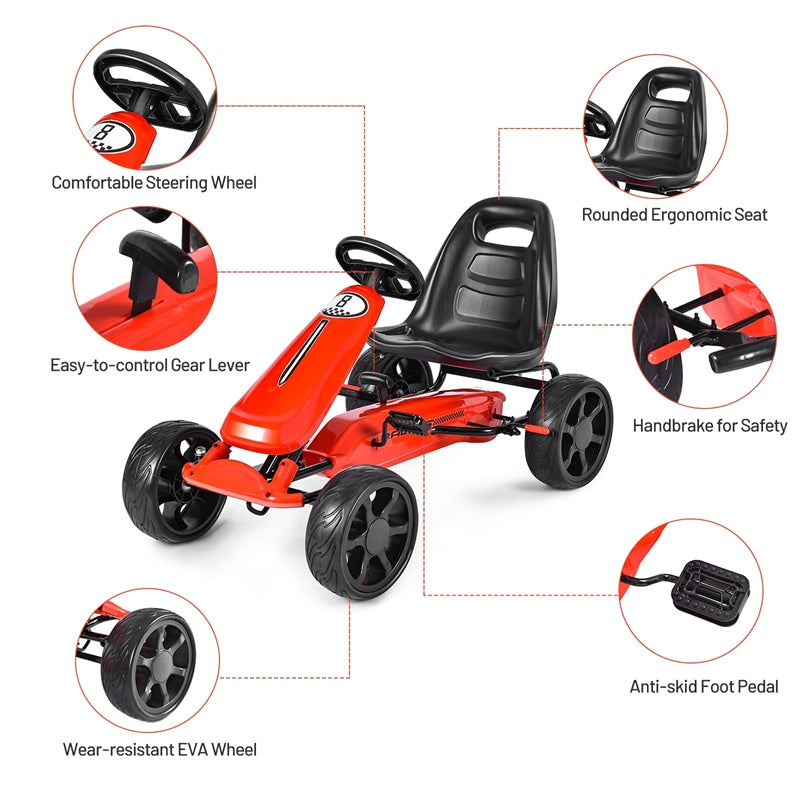 Kids Pedal Go Kart 4-Wheel Pedal-Powered Ride On Car with 2-Position Adjustable Seat