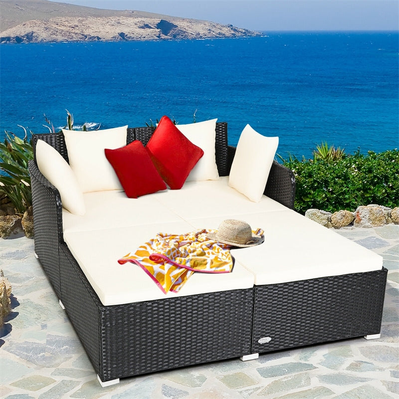 Outdoor Rattan Daybed Wicker Patio Double Chaise Lounge Sun Lounger with Seat Cushions & Pillows